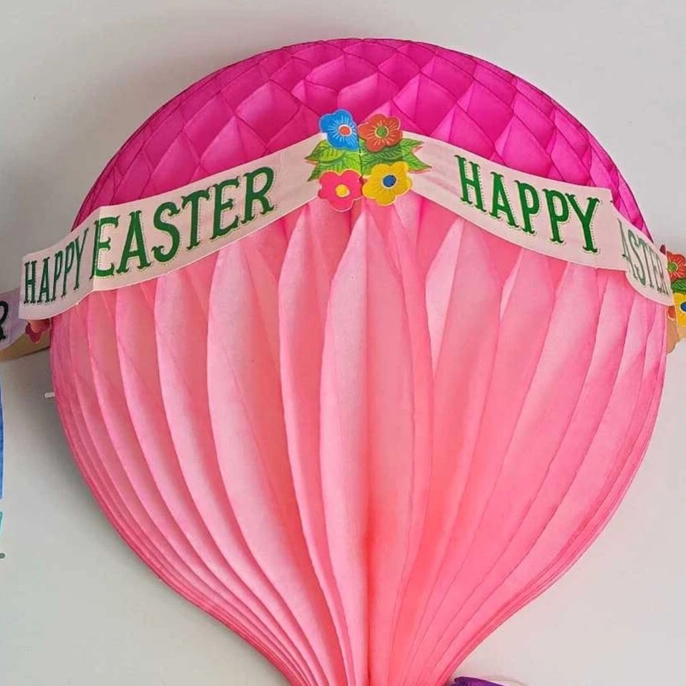 Vintage Easter Honeycomb Pink Balloon Bunny  Decoration Made in Denmark Lot of 2